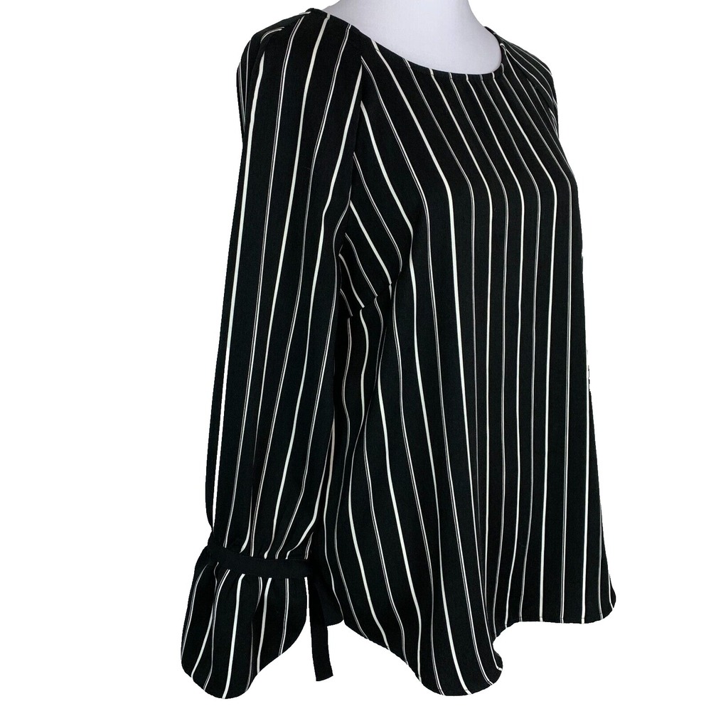 Dalia Womens Size L Tunic Top Blouse Casual Striped Long Tie Black White